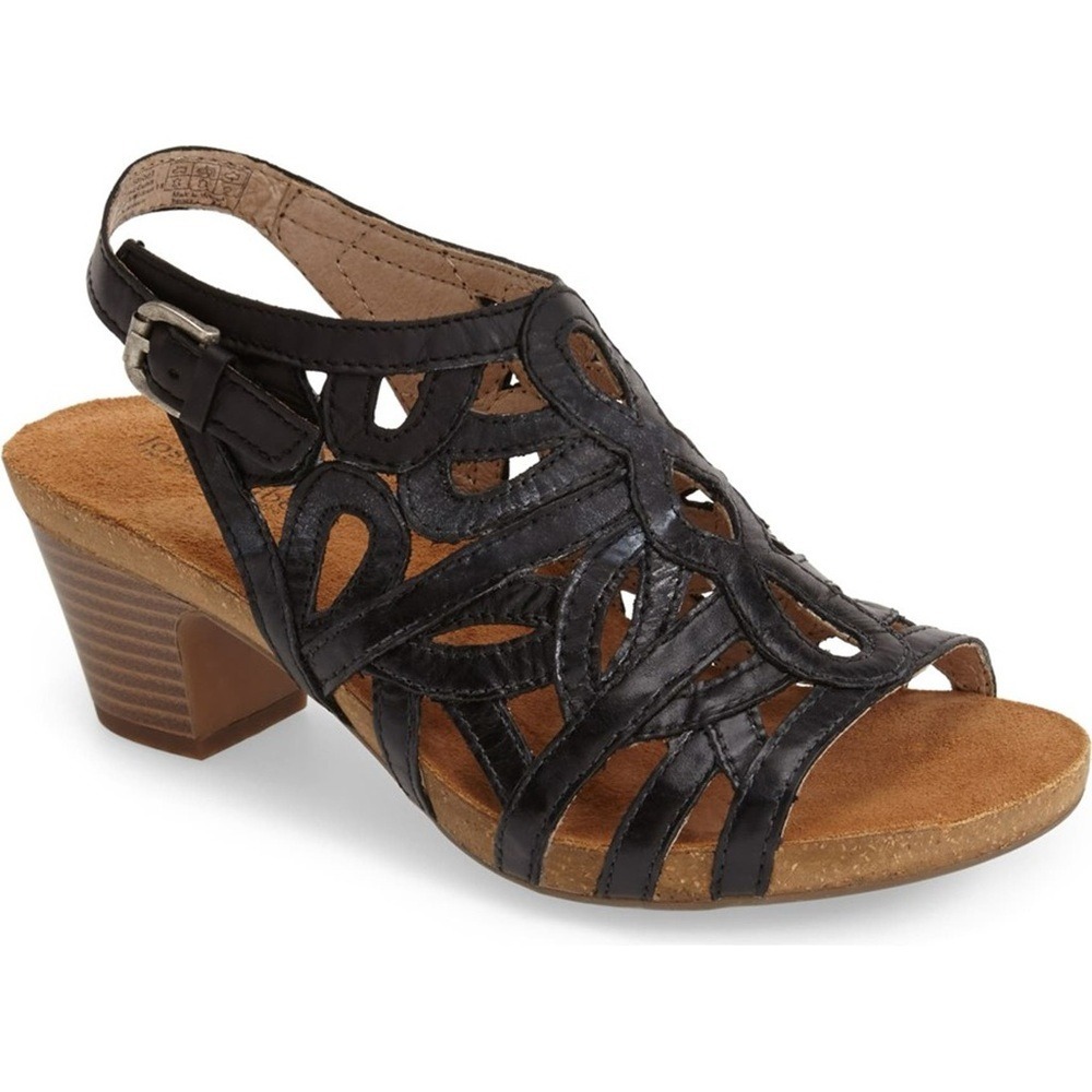 Josef Seibel Black Leather Cutout Slingback‎ Block Heel Sandals Womens sz 38